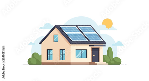 Eco-friendly house with solar panels on the roof, clean energy concept