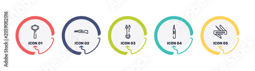 Fotografie construction elements outline icon set featuring big hammer, stationery knife, adjustable wrench, leather cutter icons