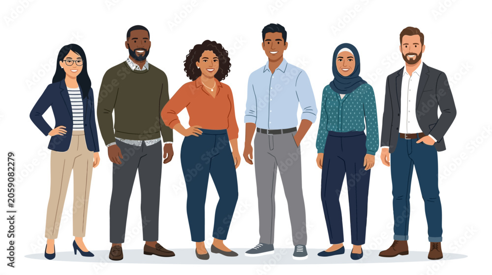Obraz premium Business professionals stand in a row to represent a diverse and modern corporate team ready for work.