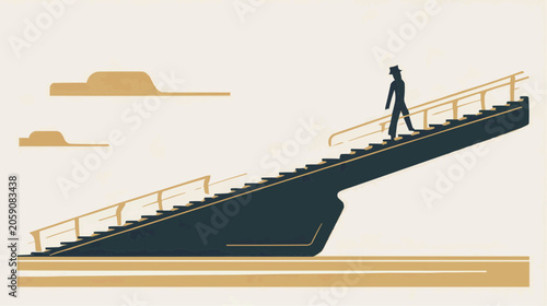 A lone person ascends a long escalator feeling the smooth motion and steady climb towards a brighter future and new opportunities