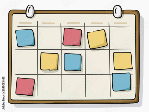 A vibrant cartoon calendar board showing colorful sticky notes for planning and organization feeling light and playful