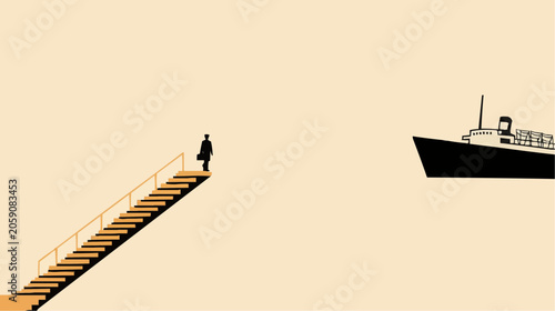 A lone figure stands at the top of a long staircase looking out at a distant ship on a calm sea feeling a sense of longing and departure