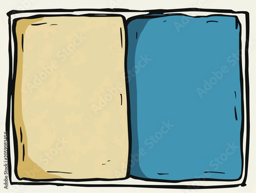 A hand-drawn content tile showing two distinct color blocks a warm yellow and a cool blue creating a balanced and inviting feel