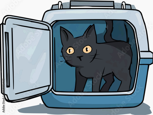 A curious black cat peeks out from a cozy blue pet carrier feeling safe and ready for adventure or a vet visit