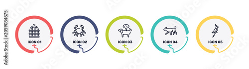 Photography minimal animals outline icon set featuring bird cage, big crab, pet disease, dog running icons