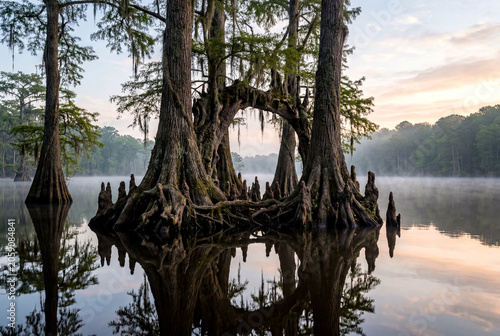 Ancient Cypress Trees Emerging from Still Summer Lake