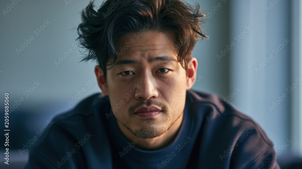 Fototapeta premium Neurodiversity Workplace Young Korean Man In Soft Light