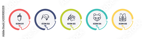 Tableau sur toile wildlife outline icon set featuring acorn, kiwi, vaccine, racoon icons