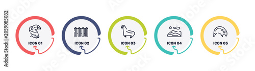 Photography wildlife outline icon set featuring toucan, fence, sea lion, dunes icons