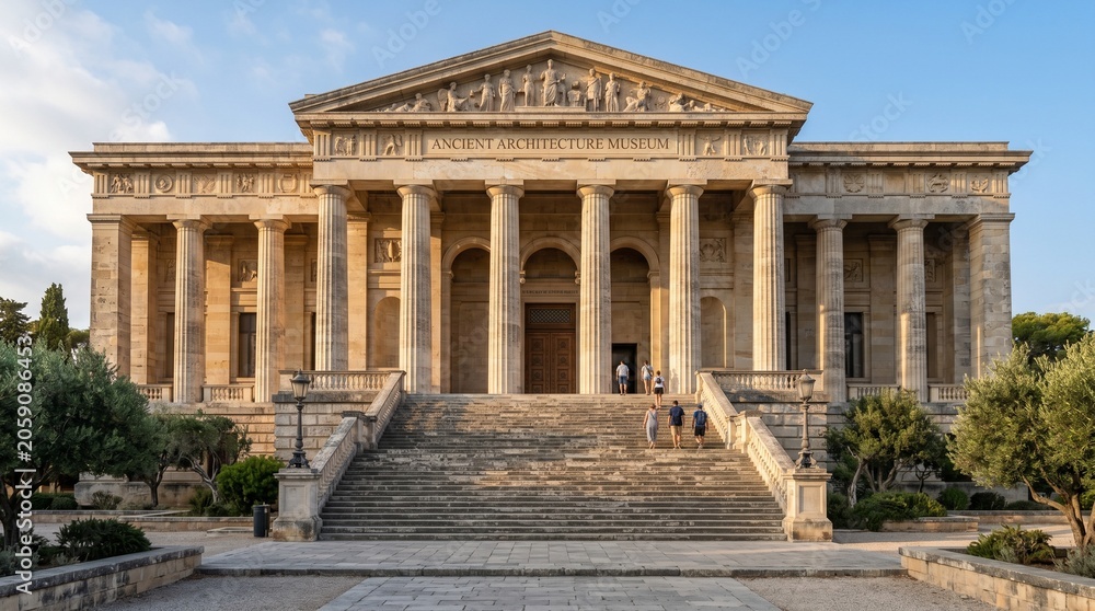 Fototapeta premium Majestic Ancient Museum Entrance with Grand Stone Pillars and Staircase