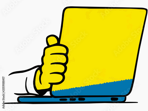 Obraz na plátně A cartoon hand holds a vibrant yellow and blue laptop showing a modern digital c