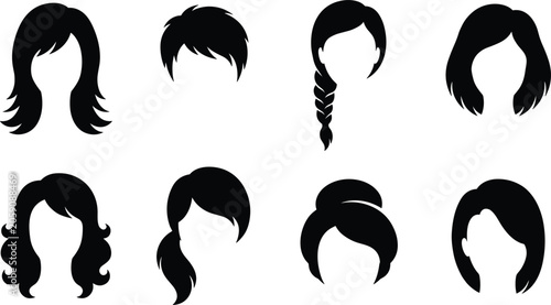 Fotografía Female Hairstyle Black Silhouette Icon Set Featuring Long Layered, Pixie Cut, Br