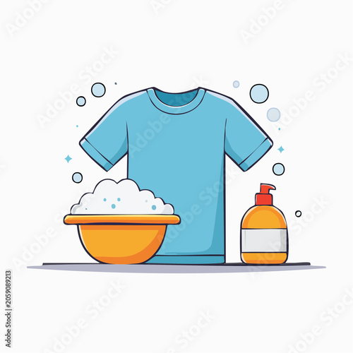Cartoon illustration of laundry items: t-shirt, basin with soap suds, and detergent bottle