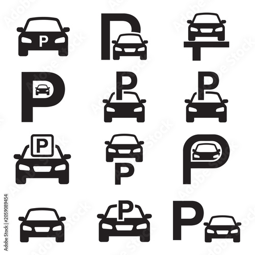 Set of black car parking area icons and road signs for vehicle traffic navigation vector design.