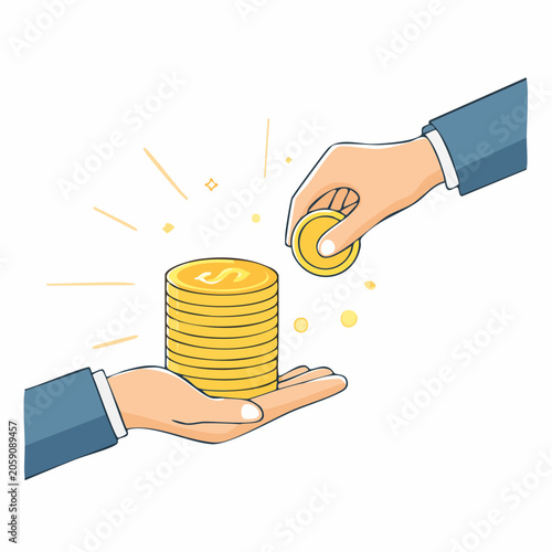 Hand giving coin to another hand holding stack of coins