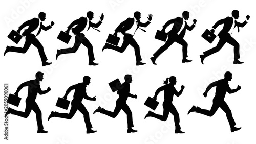 Fotografija Silhouettes of business people, men and women, running forward carrying briefcases, emphasizing urgency and career pursuit on an isolated white background, dynamic professional concept
