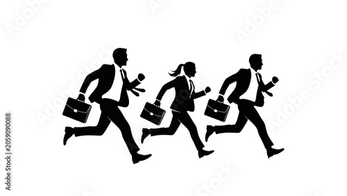 Fotografi Three business people, two men and one woman, running forward with briefcases, depicting urgency and determination on an isolated white background, simple black silhouettes