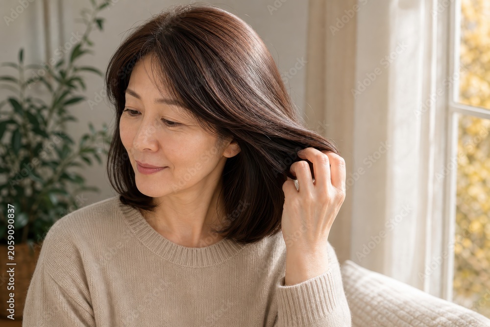 Fototapeta premium 窓辺でヘアカラーの仕上がりを楽しむ女性