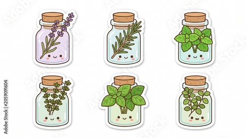 Set of Kawaii Herb Jars Stickers Featuring Lavender Rosemary Mint Thyme Basil Oregano in Cute Glass Bottles, Hand Drawn Vector Illustration for Journaling and Kitchen Decor