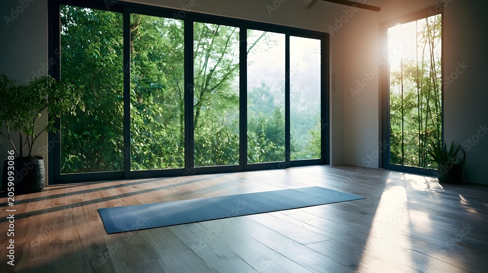 Fototapeta premium A bright and serene yoga room bathed in natural outdoor light creates an inspi nal atmosphere for wellness