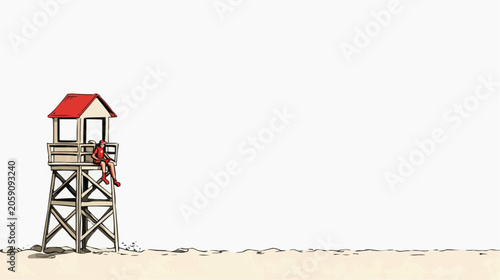 A lone lifeguard tower stands tall on a vast sandy beach under a bright sky evoking a sense of calm and quiet solitude