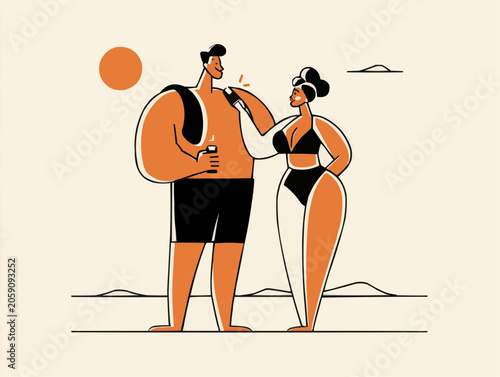 A happy couple enjoys a warm sunny beach day with the man applying sunscreen to the woman's shoulder feeling relaxed and refreshed