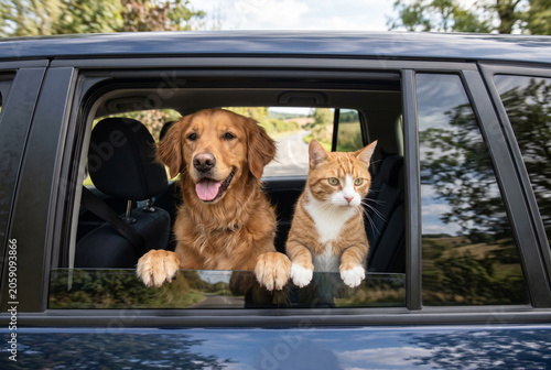 A golden retriever and a cat lean on a car window, calmly watching the road together during a peaceful countryside drive.