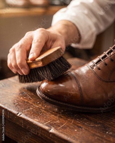 Hand buffing toe cap polished brown oxford shoe with horsehair brush macro