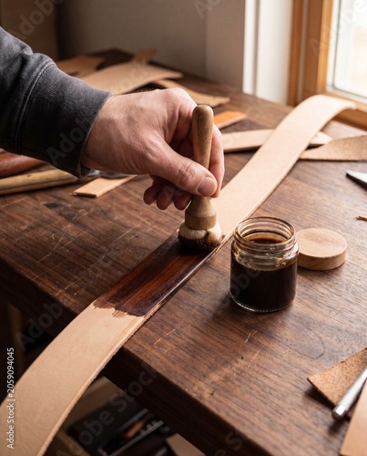Hand applying brown edge dye to beige leather strap with brush macro artisan
