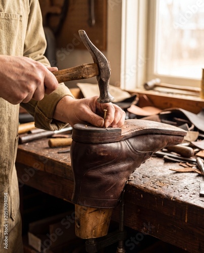 Hand hammering brass nail into leather shoe heel macro cobbler shoe repair