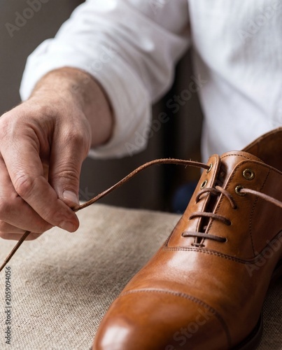 Hand lacing brown leather oxford shoe through brass eyelet macro menswear dressing