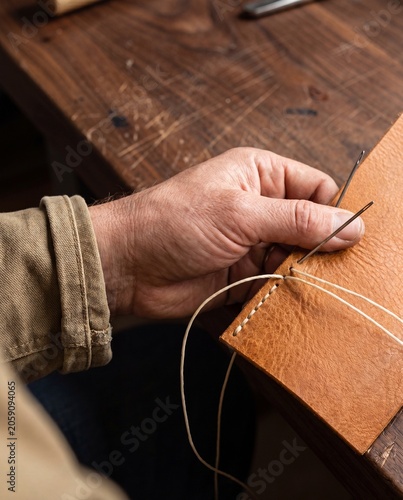 Hand saddle stitching tan leather with waxed thread and two needles macro craft