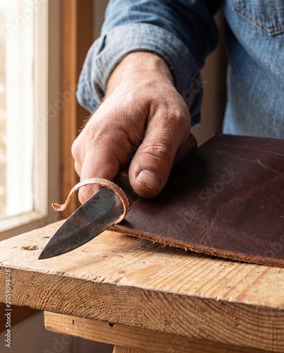 Hand skiving thin leather edge with sharp paring knife macro artisan craft