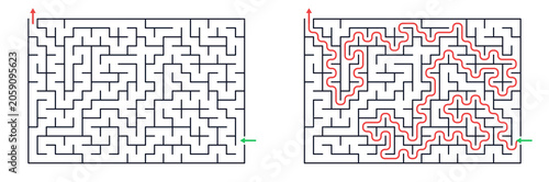 Rectangle shaped labyrinth with one entrance one exit, clean pathway design, printable maze for brain training workbook