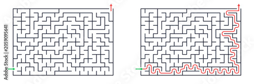 Rectangular maze with single entry and exit point, simple labyrinth design for activity book, beginner friendly logic puzzle