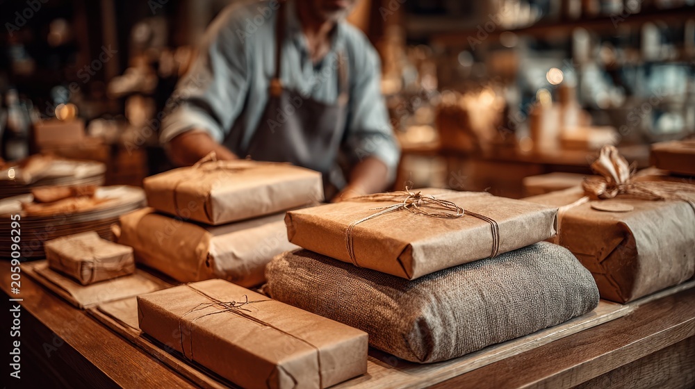 © Juwel - Asian retail vendor packaging parcels in eco-friendly, net-zero waste materials, using brown paper and reusable wrapping in a small shop, promoting sustainable practices and reducing plastic usage.