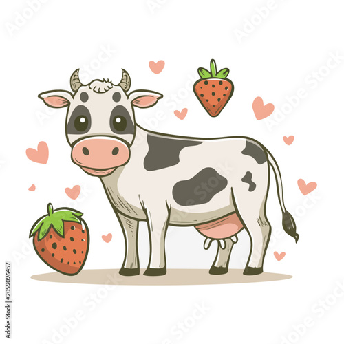 Cartoon Cow with Strawberries and Hearts