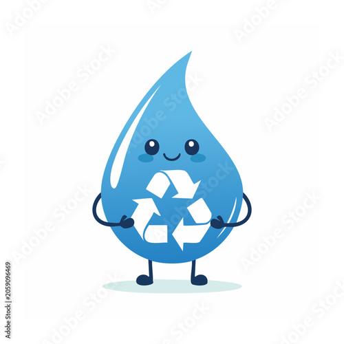 Cartoon water droplet holding recycling symbol