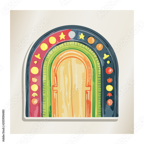 Colorful archway with rainbow and fruit decorations