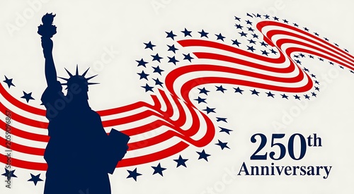 Statue of liberty with patriotic stripes and stars celebrating 250th anniversary