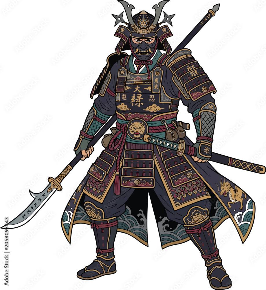 Fototapeta premium Samurai warrior illustration with ornate armor and traditional weaponry