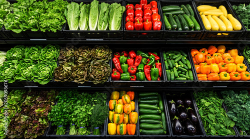 Tableau sur toile Vibrant Supermarket Produce Section with Fresh Greens, Peppers, and Squash