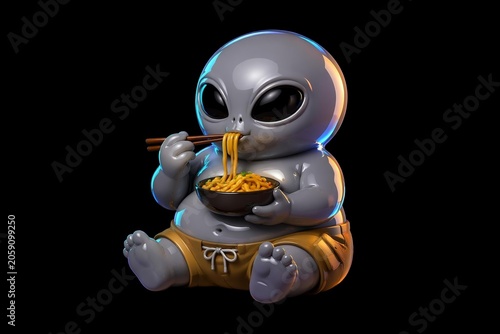 Cute alien character eating noodles with chopsticks on black background