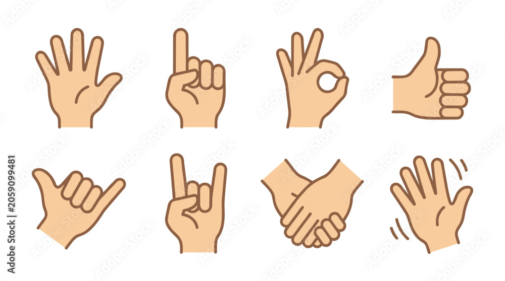 Obraz premium Collection of vector illustrations depicting various human hand gestures and symbols.