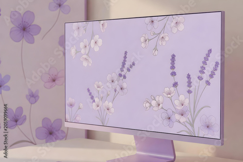 A modern pastel lavender computer monitor with an ultra-minimal bezel, featuring a sleek lavender desktop display mockup with a delicate floral design, set against a minimalist purple monitor flower b