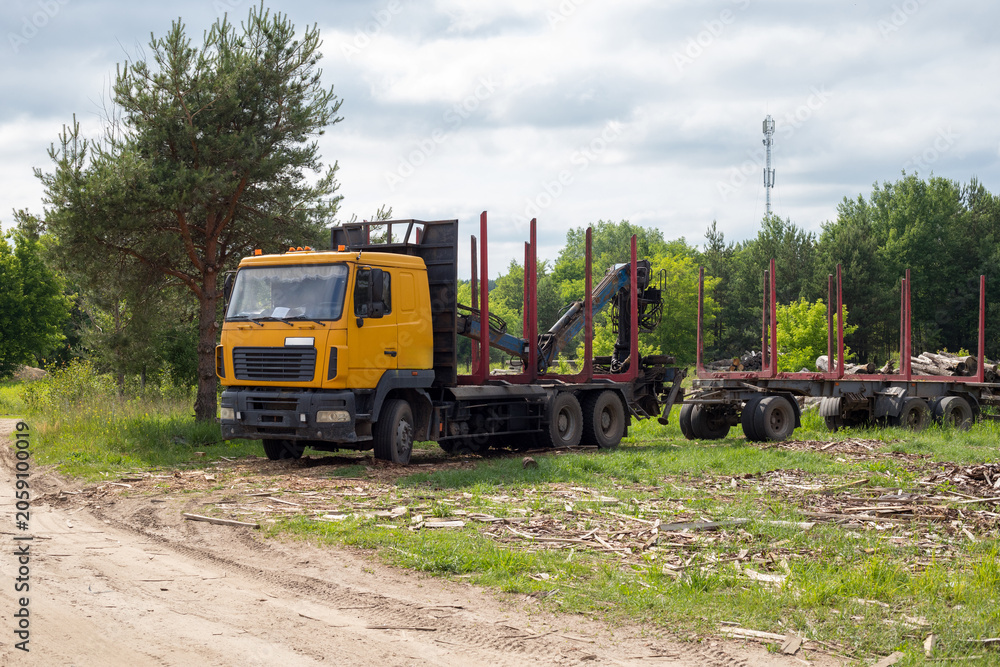 Fototapeta premium Timber truck with crane trailer at logging industry yard, yellow logging vehicle parked near forest on cloudy day