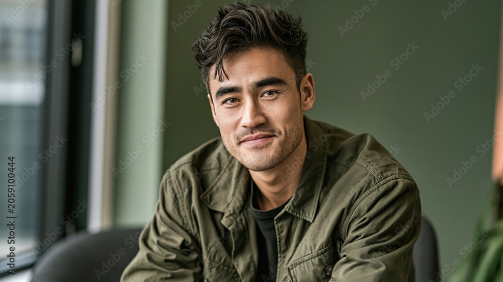 Obraz premium Neurodiversity Workplace Young Vietnamese Slim Man With Calm Focus
