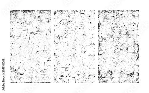 Collection of Set Three rectangular grunge textures with distressed scratches and worn weathered patterns for graphic design projects
