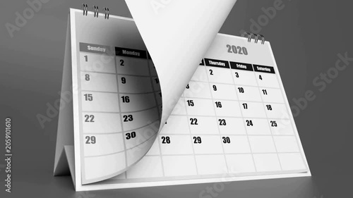 3D Desktop Calendar 2020 Flipping Pages Through All Months, Time Passing Concept