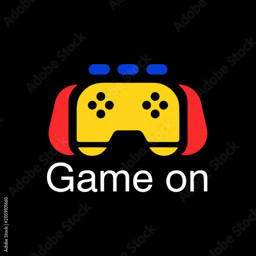 Game controller with vibrant colors and “Game on” text on a black background